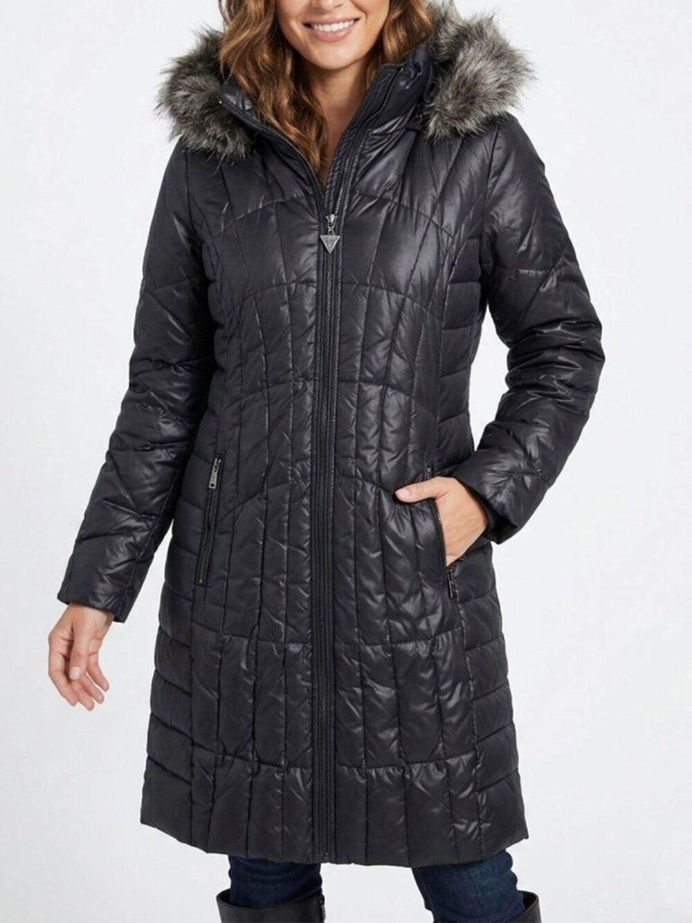 GUESS Los Angeles Black Quilted Down Faux Fur Hooded Parka Coat Puffer Small